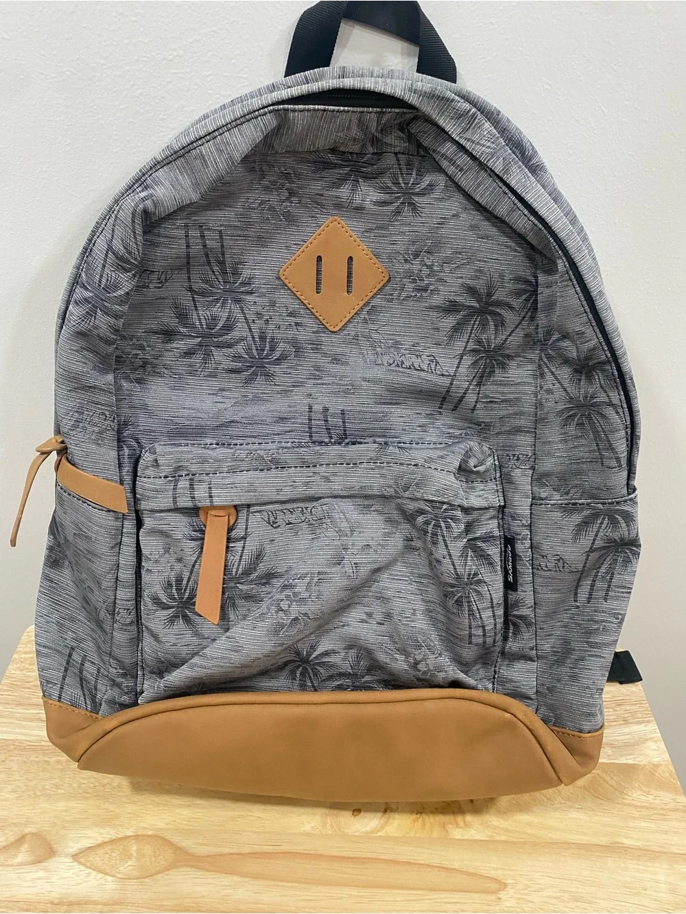 Grey Palm-Print Backpack with Tan Accents